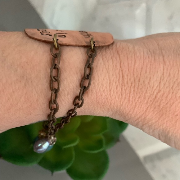 Boho Inspirational Bracelet with Copper, Turquoise, and Freshwater Pearl - Picture 4 of 6